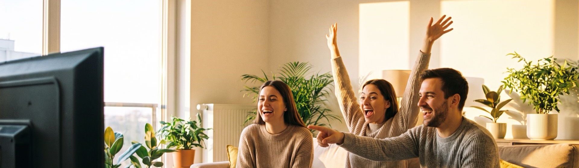 Friends celebrating in front of the television