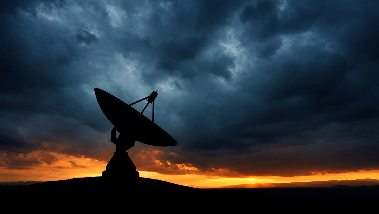 A satellite dish in silhouette against a storm sky