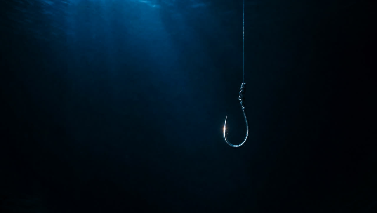 A bare fishing hook glinting in dark water