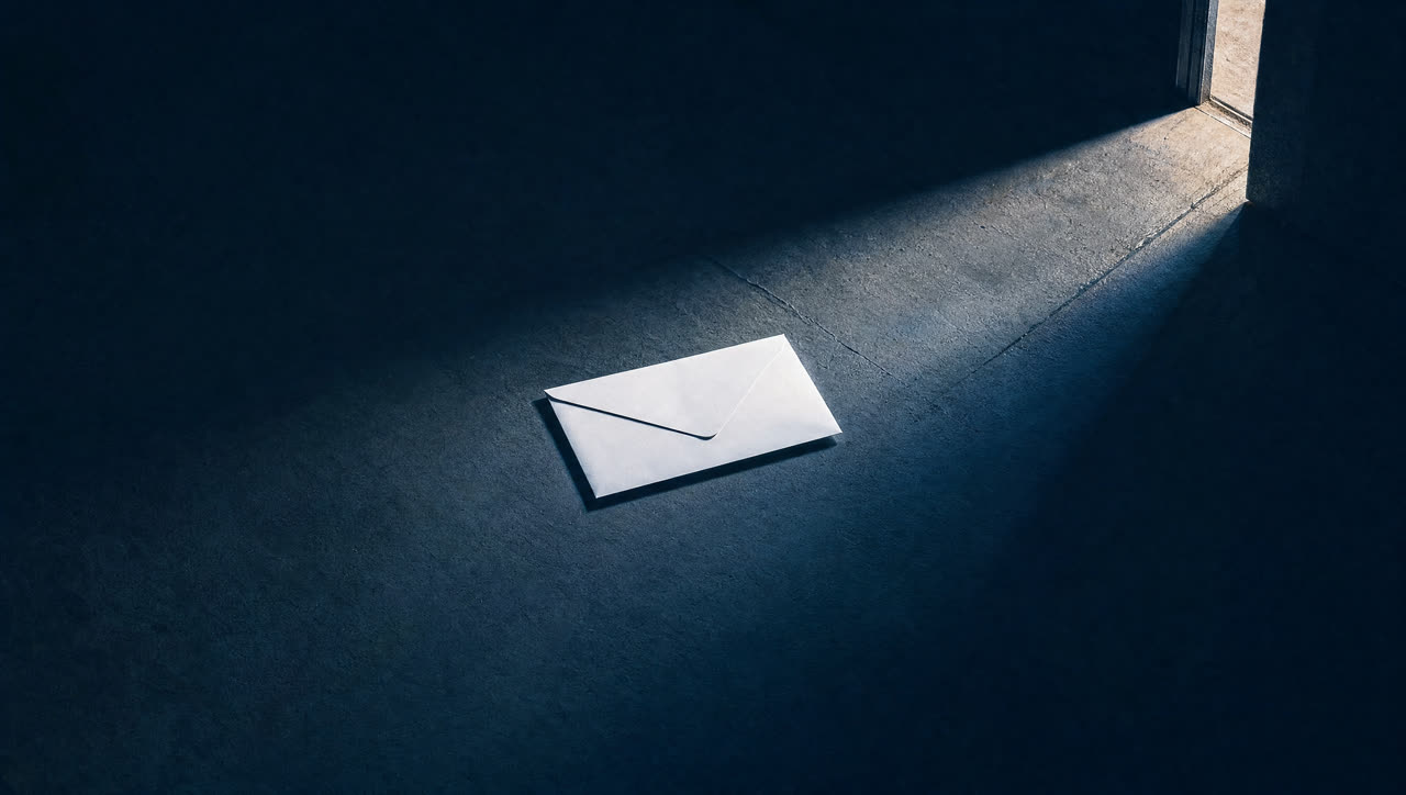 A plain envelope alone on a dark floor in a shaft of light