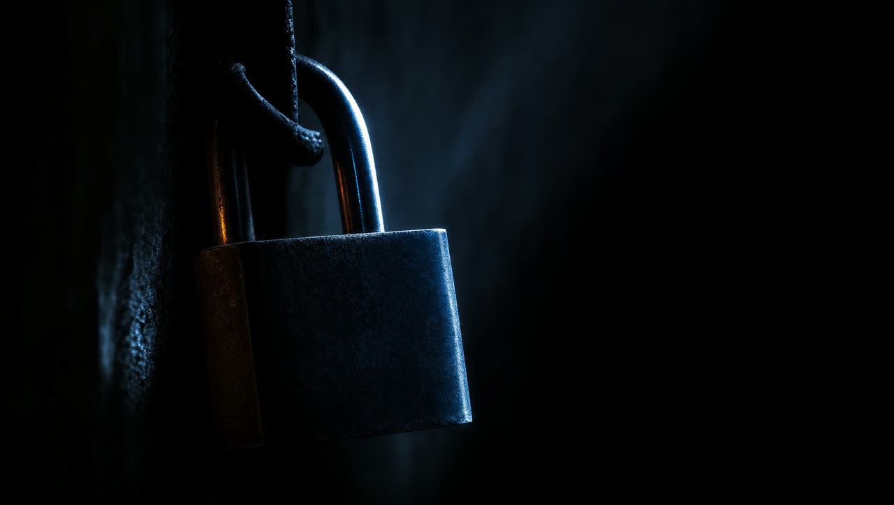 A closed padlock caught in a single shaft of light